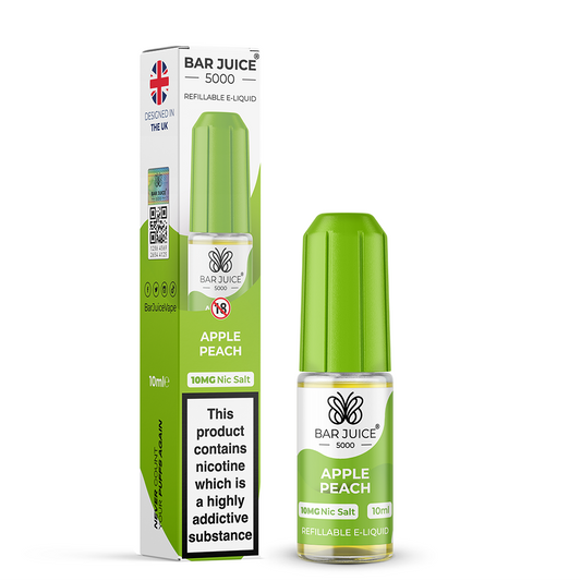 Bar Juice 5000 Apple Peach e-liquid bottle and packaging on a white background